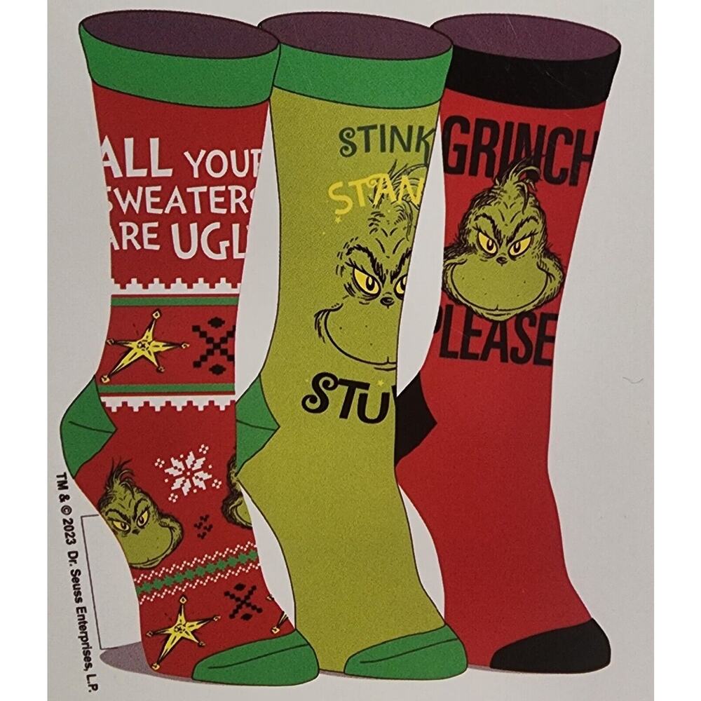 Grinch Socks Stockings | How The Grinch Stole Christmas | 3 Pairs | Adult 9-11